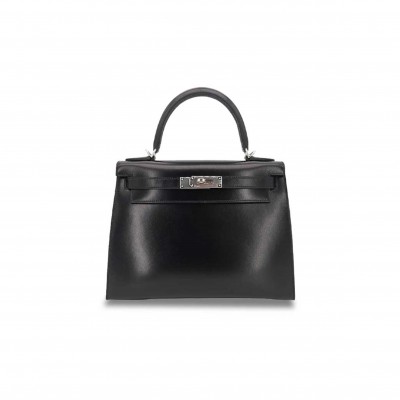 HERMÈS KELLY 28 SELLIER BLACK BOX CALF LEATHER PALLADIUM HARDWARE (28*22*10cm) 